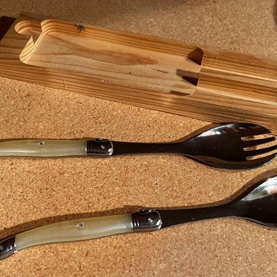 Salad Set Unusual Handles with Wood Storage Tray
