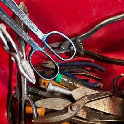 TUB OF TOOLS; tin snips, wire cutter etc. 
