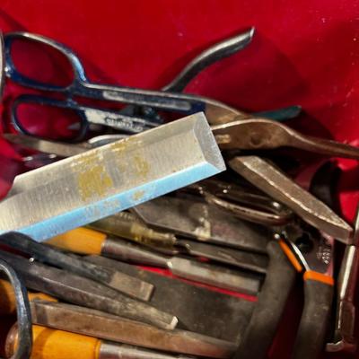 TUB OF TOOLS; tin snips, wire cutter etc. 