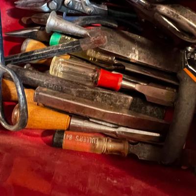TUB OF TOOLS; tin snips, wire cutter etc. 