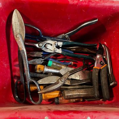 TUB OF TOOLS; tin snips, wire cutter etc. 