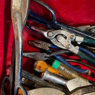 TUB OF TOOLS; tin snips, wire cutter etc. 