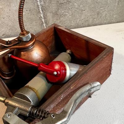 Grease Gun, oil Can, in a wood Box 