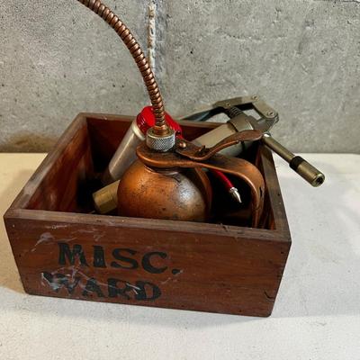 Grease Gun, oil Can, in a wood Box 
