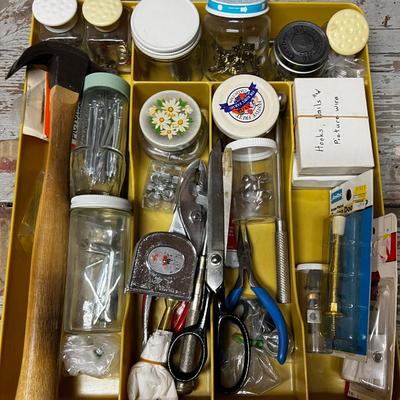 Tray with Tools, Picture hooks, Repair Hammer and items. 