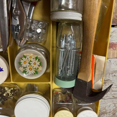 Tray with Tools, Picture hooks, Repair Hammer and items. 