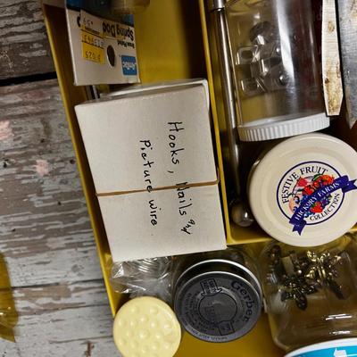 Tray with Tools, Picture hooks, Repair Hammer and items. 