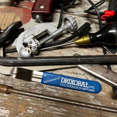 Misc. Pile of Tools: Saw, Hammer, Rubber Mallet Knife Sharpener