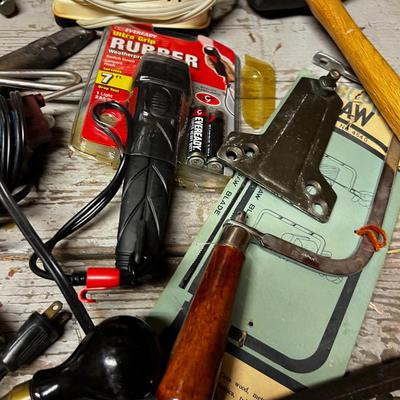 Misc. Pile of Tools: Saw, Hammer, Rubber Mallet Knife Sharpener