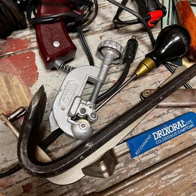 Misc. Pile of Tools: Saw, Hammer, Rubber Mallet Knife Sharpener