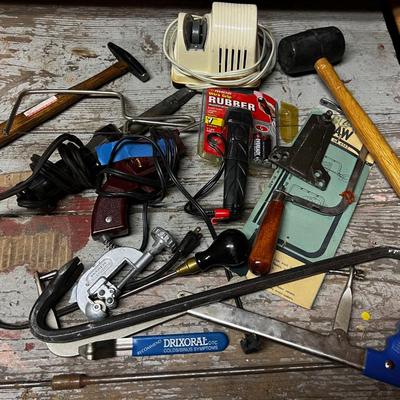 Misc. Pile of Tools: Saw, Hammer, Rubber Mallet Knife Sharpener