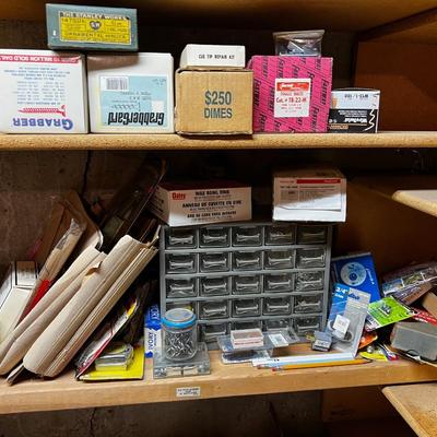 Shelf Full of Parts and bits: Sandpaper, Hardware, Screws etc.
