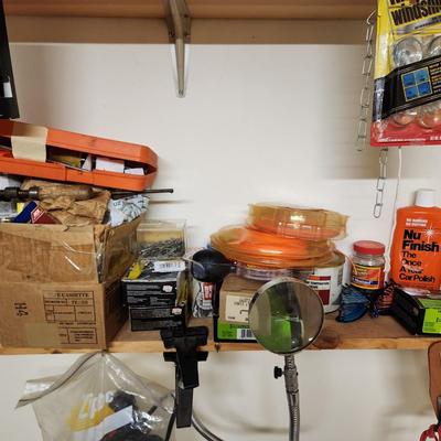 2 Wall Shelves of Misc. Tools , Car supplies,