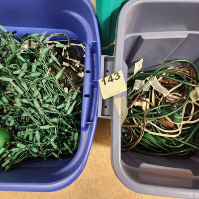 2 Totes filled with Christmas Light strings & Extension cords