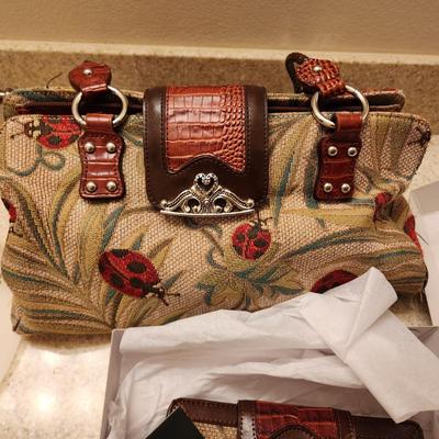 Marc Chantal M.C. Ladybug Tapestry Purse Genuine Leather Detail Handbag
