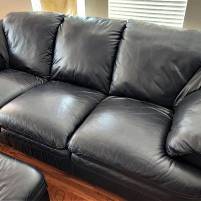 Lot #163 Navy Blue Leather Sofa & Ottoman - clean & comfy