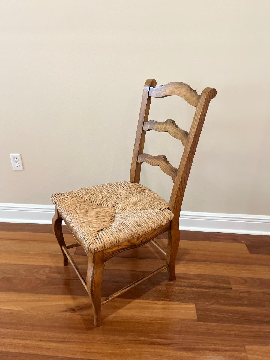 Inlaid Wood Table & 4 Rush Ladder Back Chairs