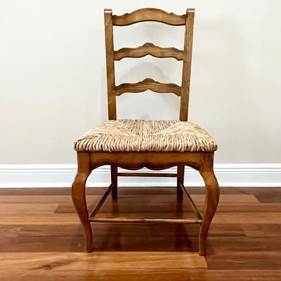 Inlaid Wood Table & 4 Rush Ladder Back Chairs