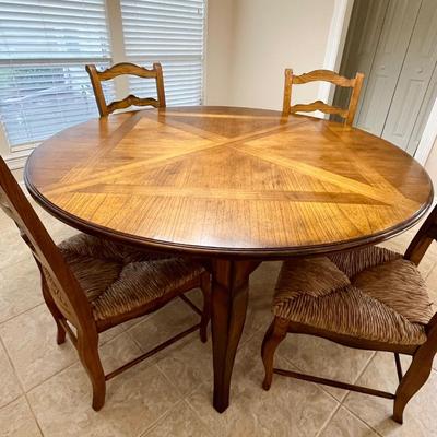 Inlaid Wood Table & 4 Rush Ladder Back Chairs