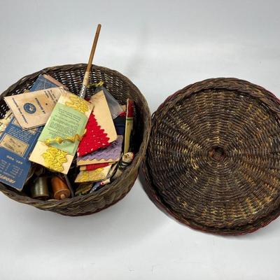Vintage Weaved Basket Filled with Crafting Material Sewing Thread, Needles, Zippers, Cloth Trim, & More