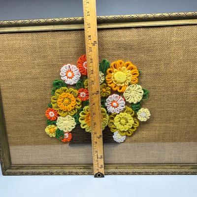 Vintage Framed Colorful Crochet Crafting Art Cottagecore 1970's Flowers