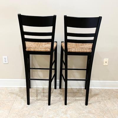 Black Wood Rush Seat Barstools ~ Set Of Two (2)