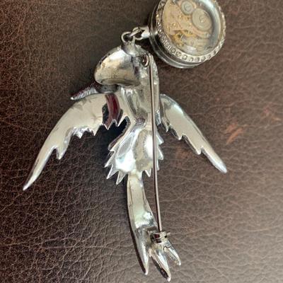 Vintage Welbro Rinestone Bird Brooch Watch