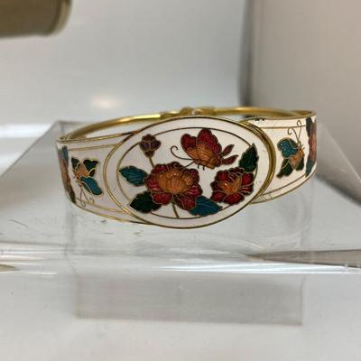 Gold Tone Cloisonne Cuff Hinged Bangle Bracelet Flowers and Butterflies