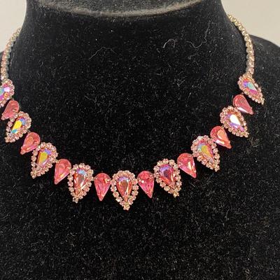 Vintage Stunning Pink AB Teardrop Rhinestone Weiss Choker Necklace with Matching Earring