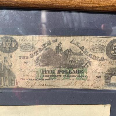 Civil War Era Confederate Money & War Bond Framed