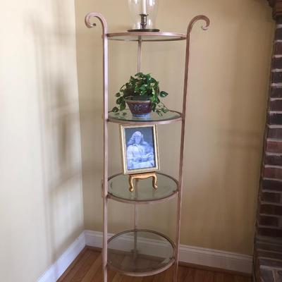 LOT 6M: Tower Shelf w/ Home Decor: Candle, Faux Plant, Framed Print