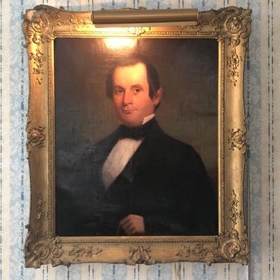 LOT 39M: Antique Framed Portrait on Canvas w/Painting Lamp