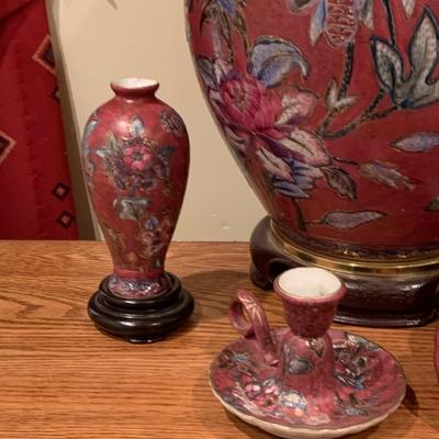 LOT:61G: Ginger Jar Style Lamp, Vase, Candle Holder and Box w/Floral Motify