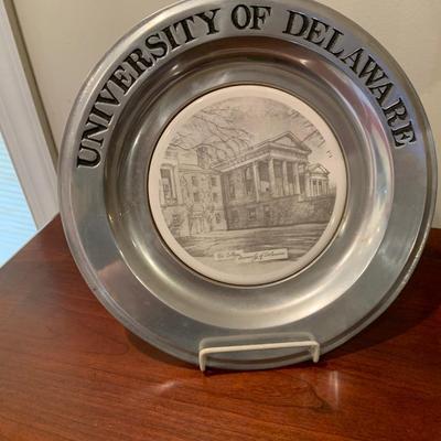 LOT:62: University of Delaware Lamp, Plate, Clock. Book & Blue Hens Paperweight