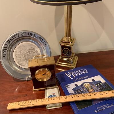 LOT:62: University of Delaware Lamp, Plate, Clock. Book & Blue Hens Paperweight