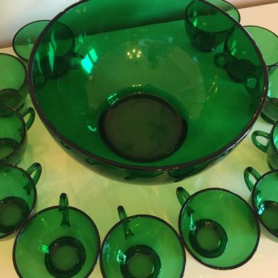 Green glass punch bowl with glasses