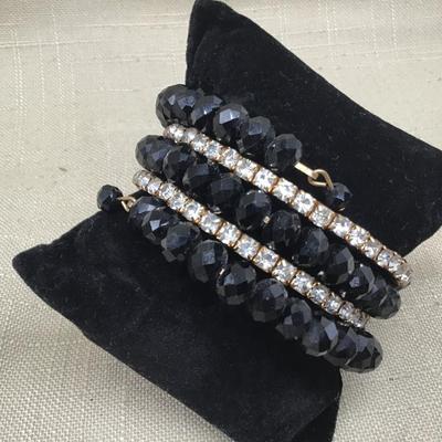 Gorgeous Vintage Black Faceted Glass Rhinestone Wrap Bangle Bracelet