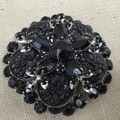 Large Vintage Black Celluloid and Glass Brooch