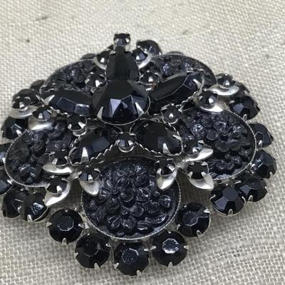 Large Vintage Black Celluloid and Glass Brooch