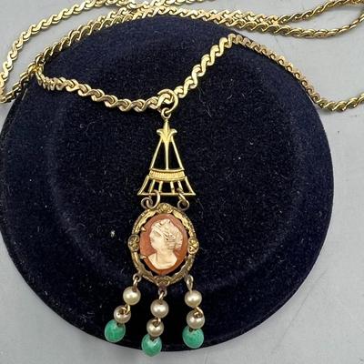 Vintage Cameo Portrait Art Nouveau Style Gold Womens Fashion Necklace