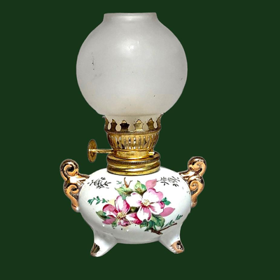 2 Vintage Norcrest Japan Ivory Porcelain Miniature Finger Oil Lamps