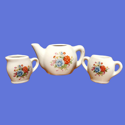 Vintage Porcelain  Orange & Blue  Floral Miniature Tea Set