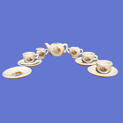 Vintage Porcelain  Orange & Blue  Floral Miniature Tea Set