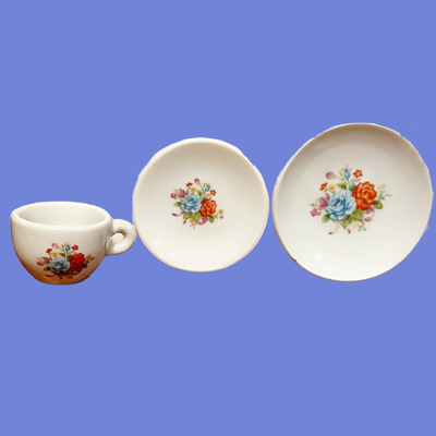 Vintage Porcelain  Orange & Blue  Floral Miniature Tea Set