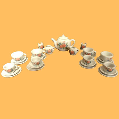 Vintage Porcelain Orange & Blue Floral Miniature Tea Set