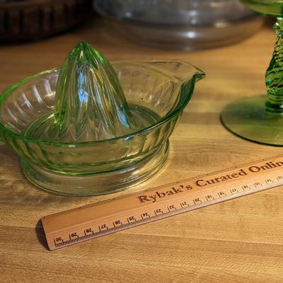 2 Vintage Green Glass Juicer and Candy Dish