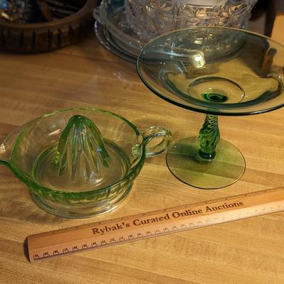 2 Vintage Green Glass Juicer and Candy Dish