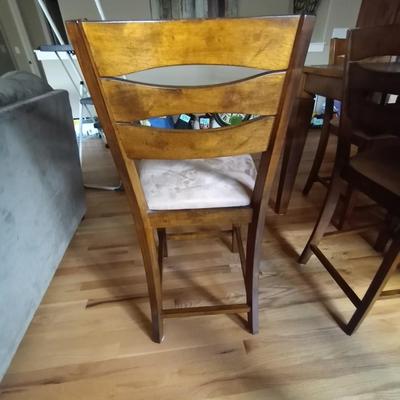 COUNTER HEIGHT WOODEN TABLE WITH TILE TOP AND SIX CHAIRS