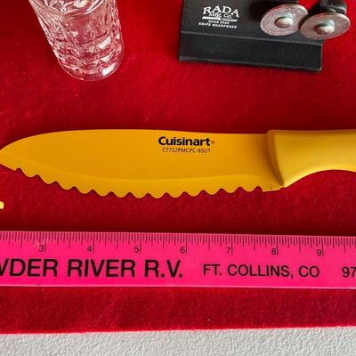 Vintage salt and pepper, new Cuisinart knife and bowl.