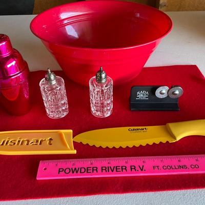 Vintage salt and pepper, new Cuisinart knife and bowl.
